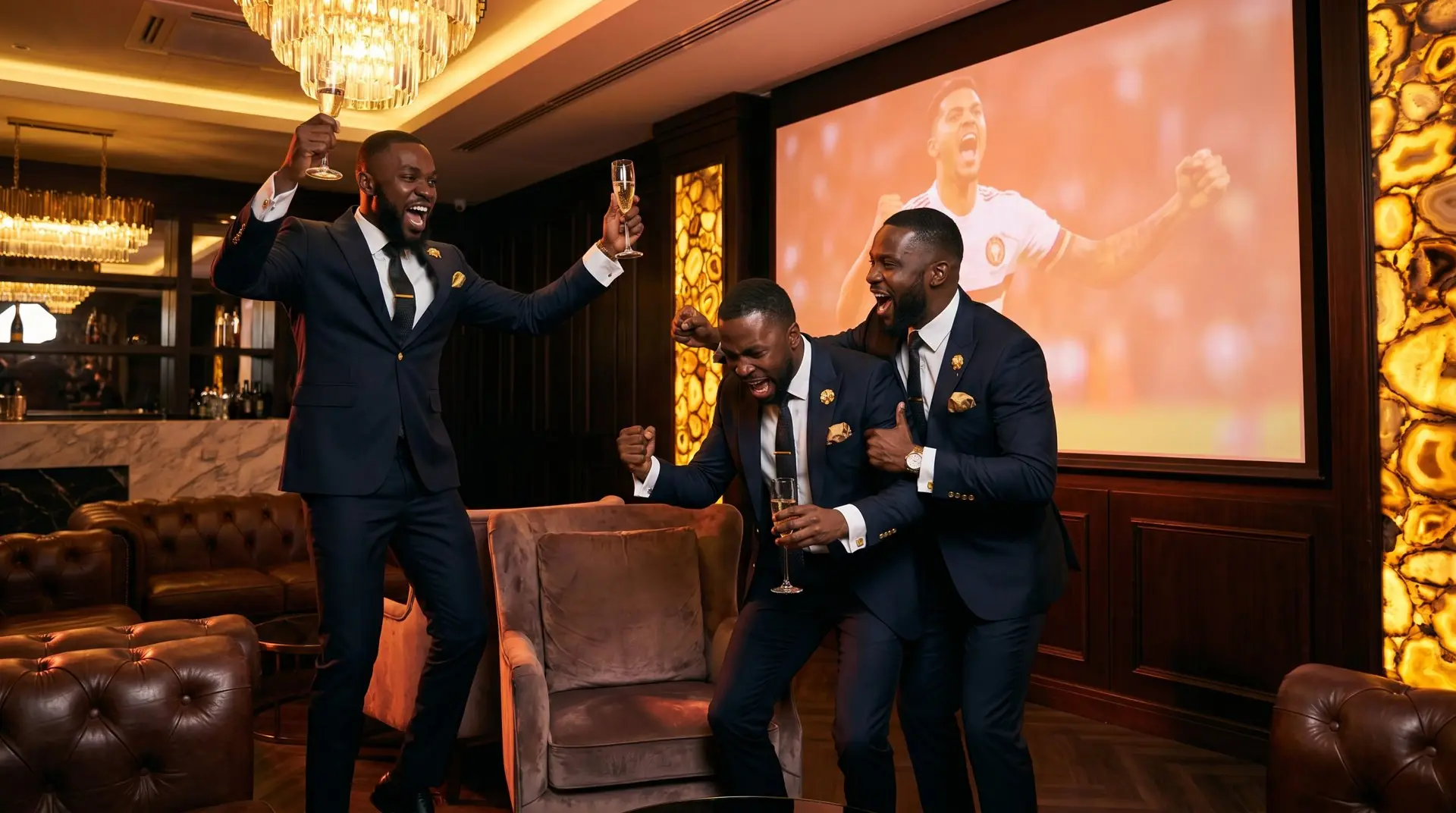Friends celebrating a goal together in a VIP lounge with the match on a big screen
