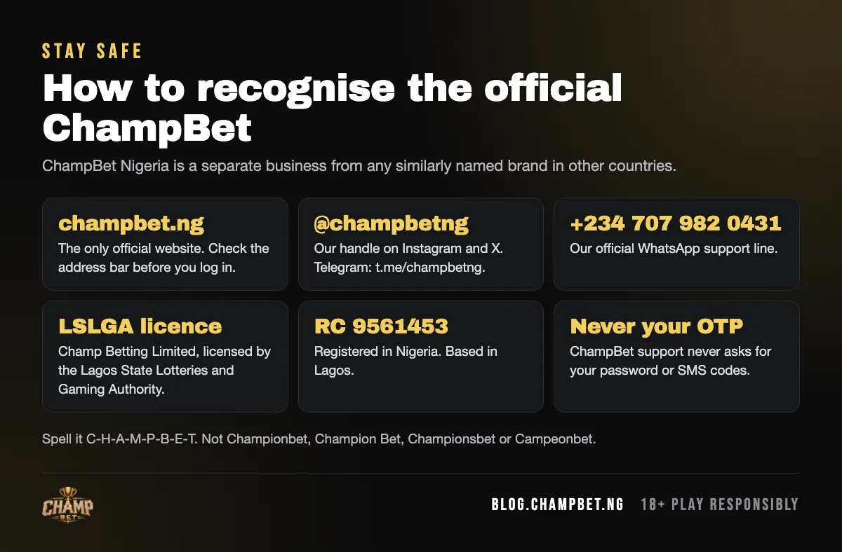 Official ChampBet checklist: the champbet.ng website, @champbetng handles, WhatsApp support line and LSLGA licence