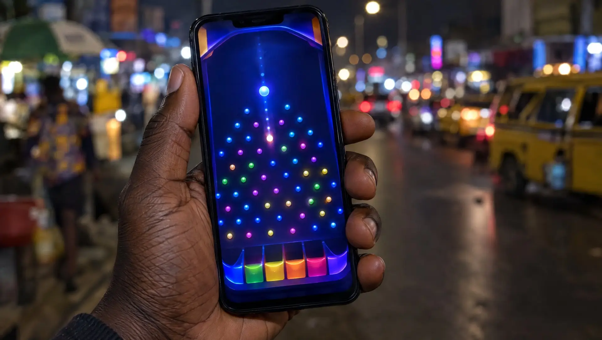 A hand holding a phone showing a colourful Plinko-style game on a Lagos street at night