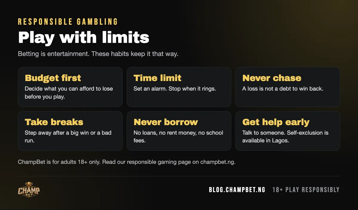 Play with limits: budget first, time limit, never chase, take breaks, never borrow and get help early