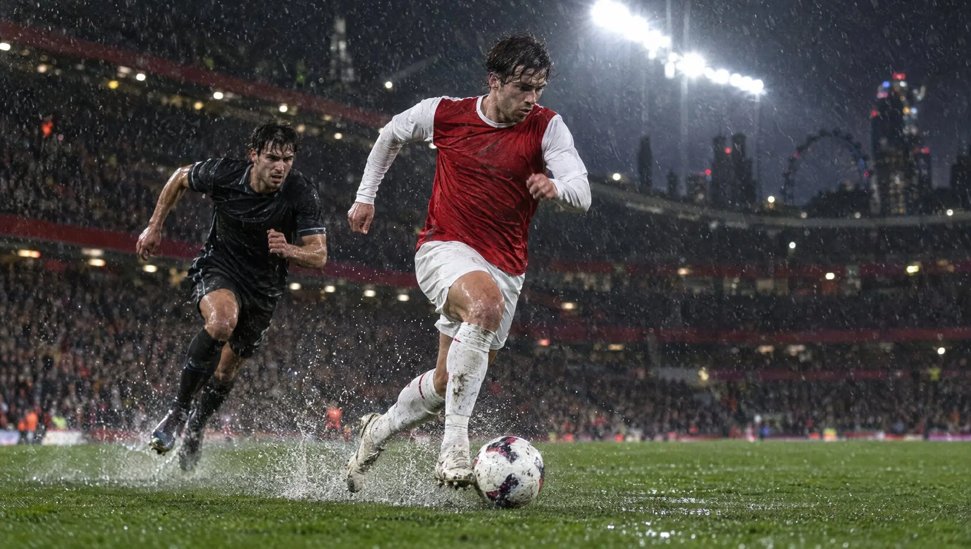 A forward in a red and white kit dribbling on a rain-soaked pitch in a London stadium at night