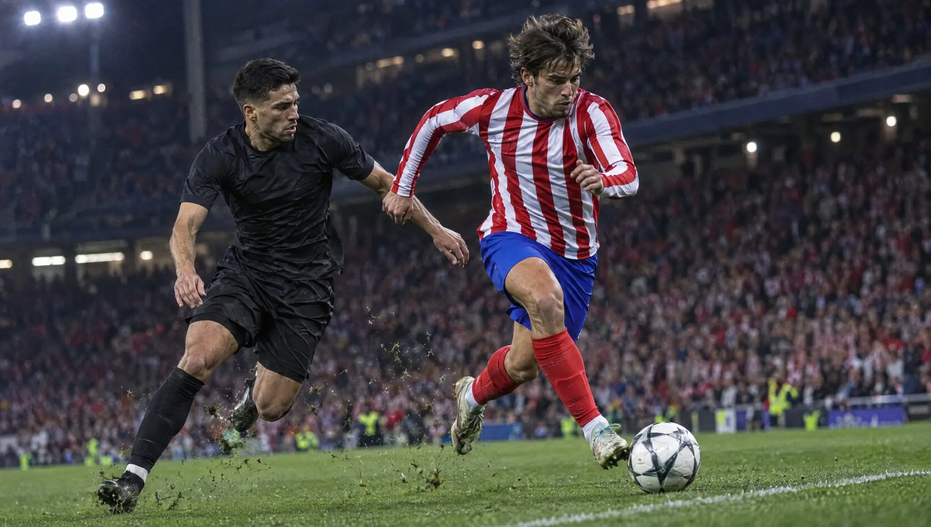 A winger in a red and white striped kit driving at a defender in a dark kit under stadium lights