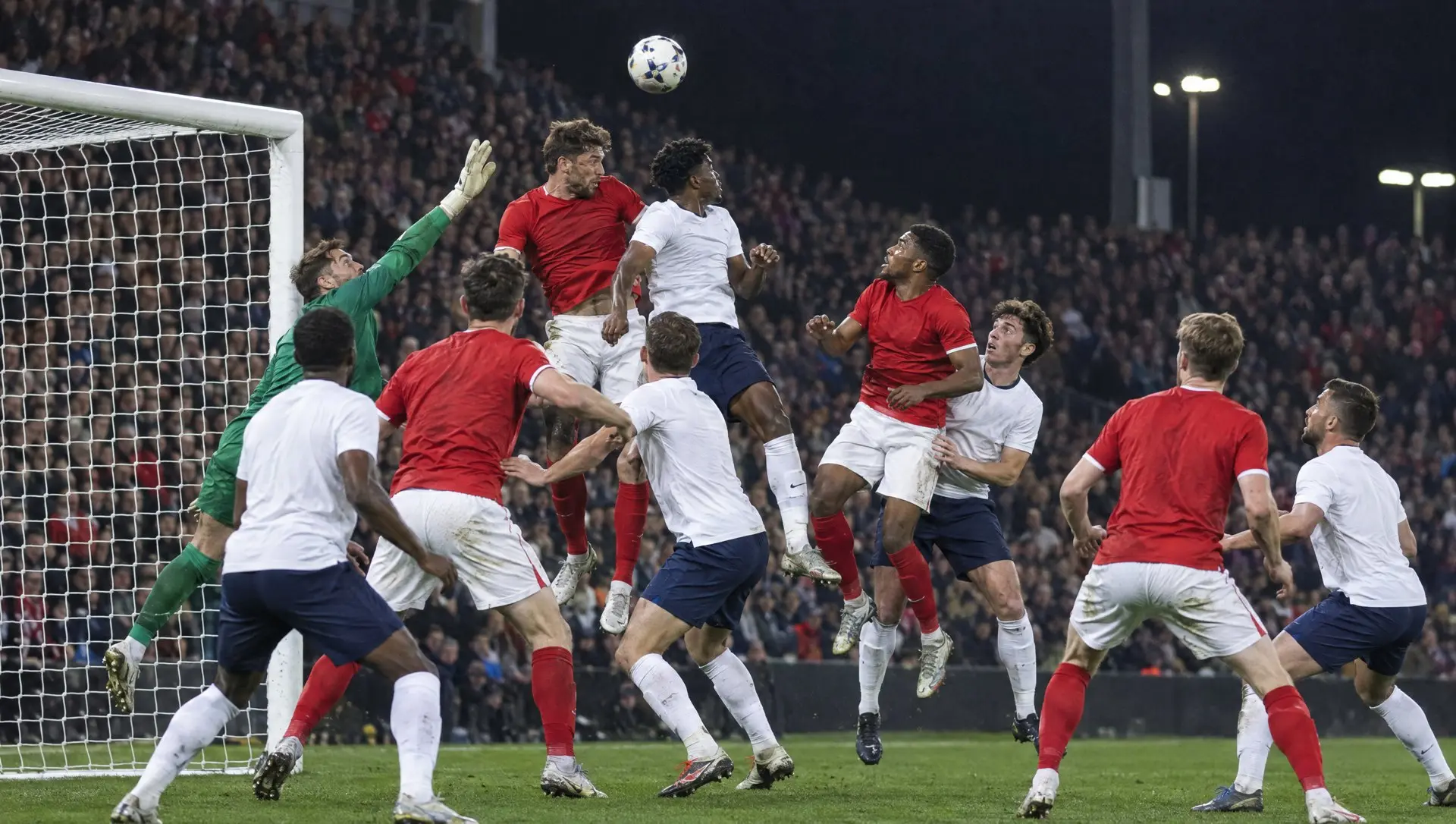 Players in red and in white crowding the penalty area as a corner kick is delivered