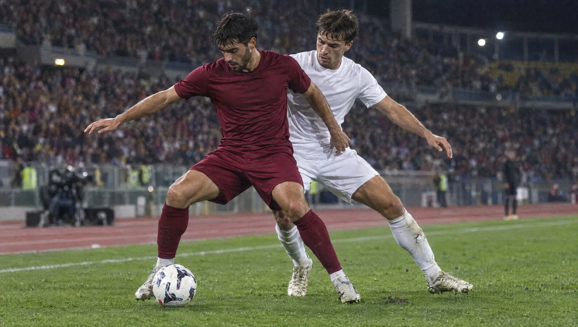 A player in a burgundy kit shielding the ball from a defender in white in a packed Italian stadium at night