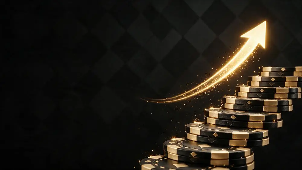 Stacks of gold casino chips rising like steps with a gold arrow pointing up