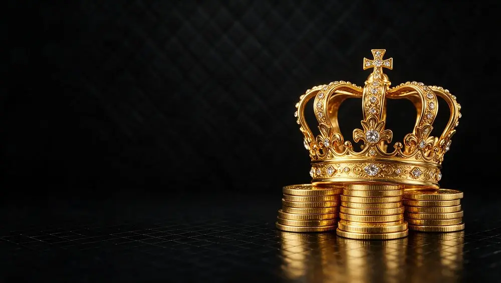 A gold crown resting on stacks of gold coins against a dark background