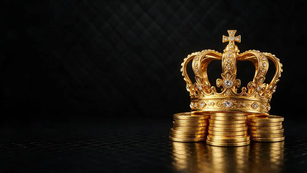 Gold crown resting on neat stacks of gold coins