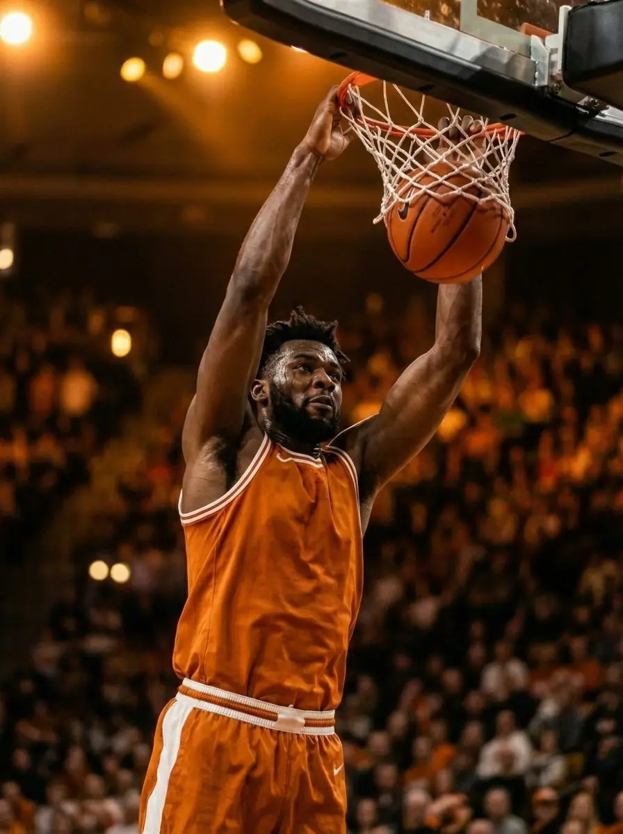 Basketball player rising to dunk the ball in gold light