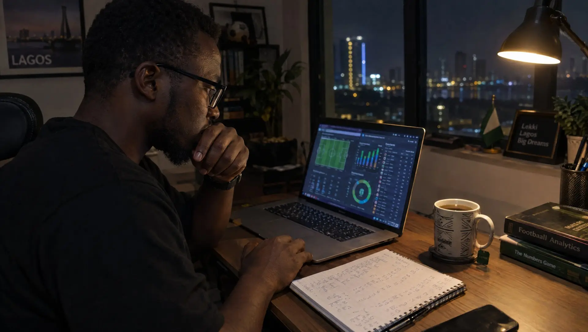 A Nigerian man studying football statistics on a laptop at night in Lagos