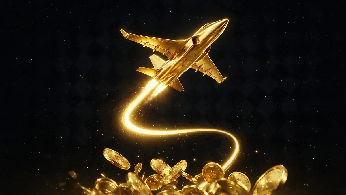 Gold plane climbing on a glowing trail above a pile of gold coins on a black background