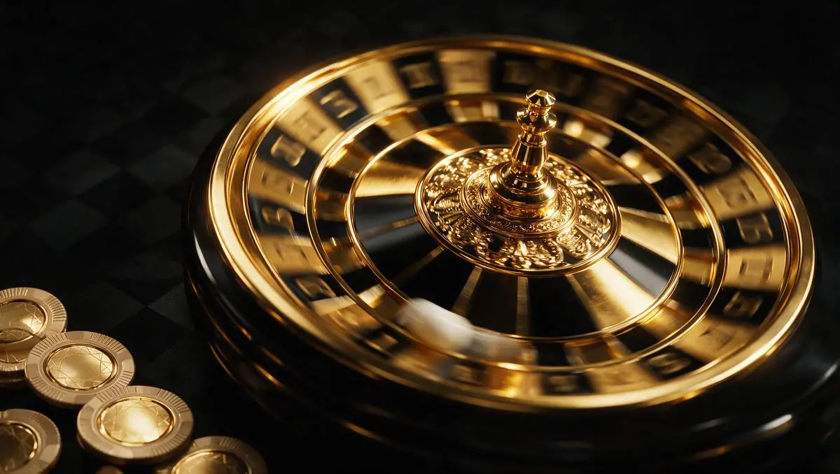 Gold roulette wheel beside stacks of gold casino chips on a dark table