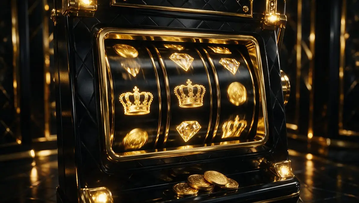 Gold slot machine reels with crown symbols on a dark background