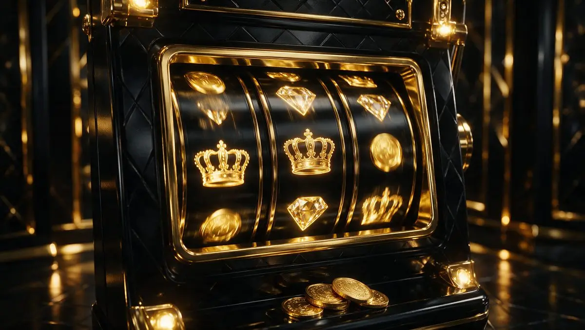 Gold slot machine reels with crown symbols on a dark background