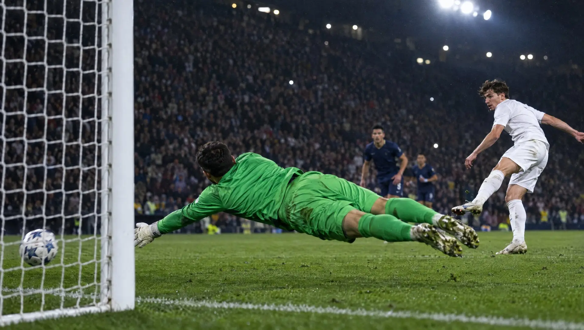 A striker striking the ball towards goal as the goalkeeper dives, under floodlights
