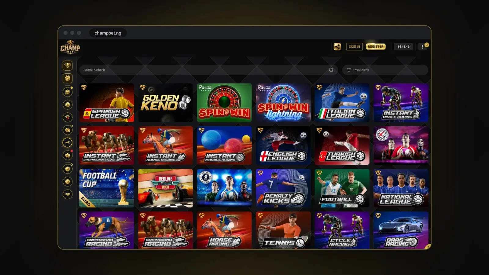 The ChampBet virtual sports lobby with virtual football and racing games, shown in a browser window