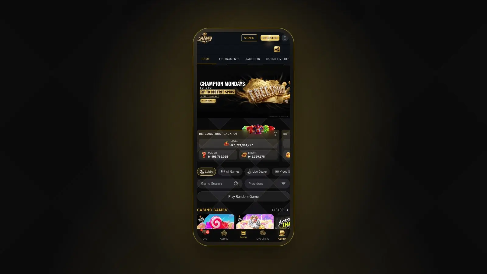 The ChampBet mobile casino lobby with the Casino Live RTP tab, shown on a phone