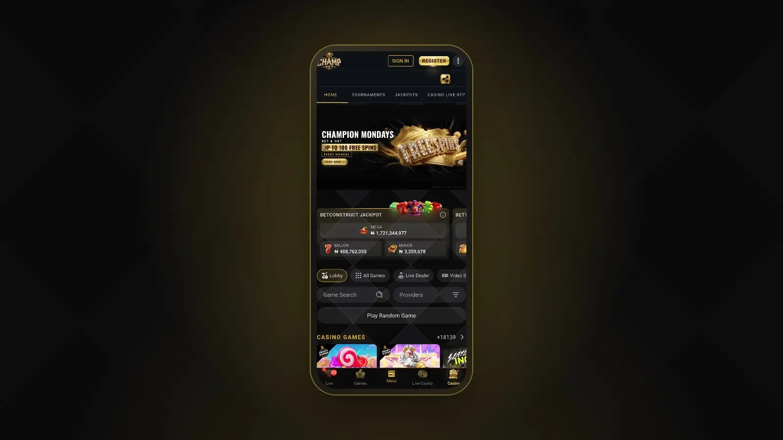 The ChampBet mobile casino lobby with the Casino Live RTP tab, shown on a phone