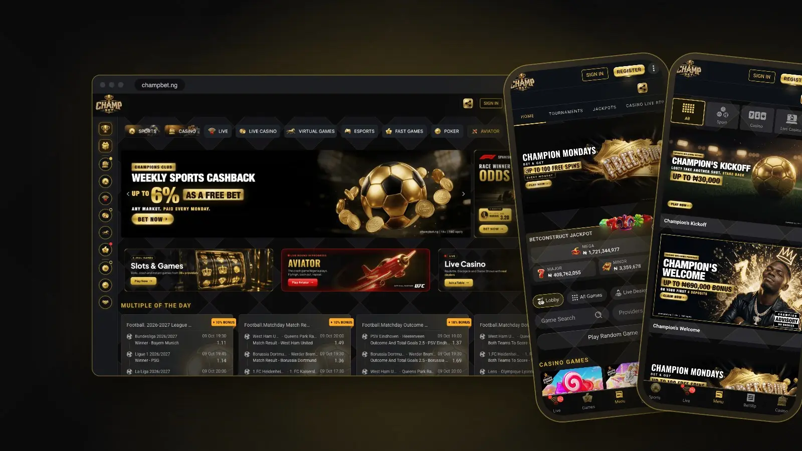 The official ChampBet website at champbet.ng on a laptop and two phones