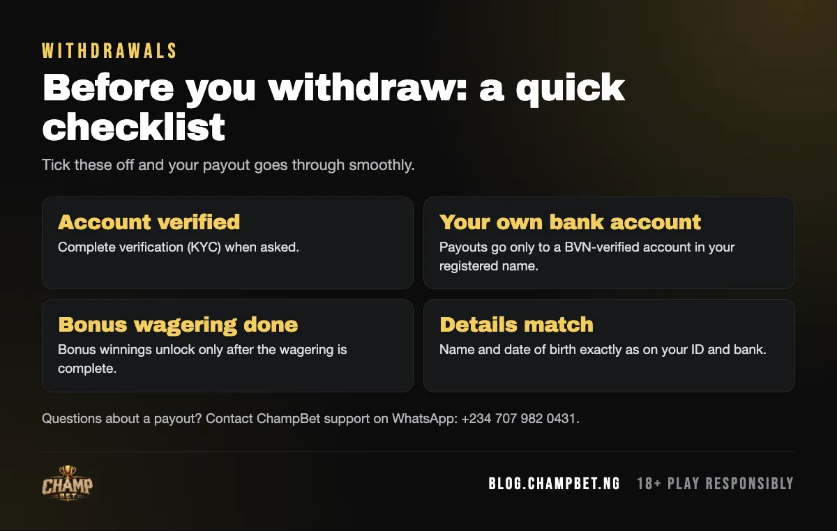 ChampBet withdrawal checklist: verified account, BVN-verified bank account in your own name, bonus wagering complete and matching details